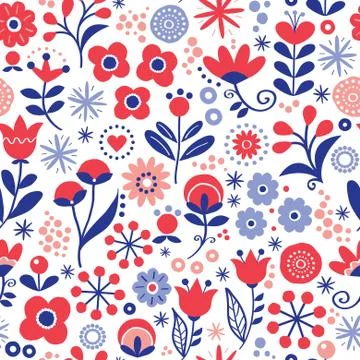 Floral seamless vector pattern - hand drawn vintage Scandinavian style Stock Illustration