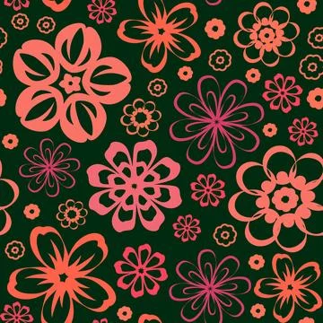 Floral seamless vector pattern with pink abstract flowers on dark green bac.. Illustrazione stock