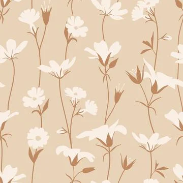 Floral Seamless vector pattern with trailing elegant white flower vines on warm Stock Illustration