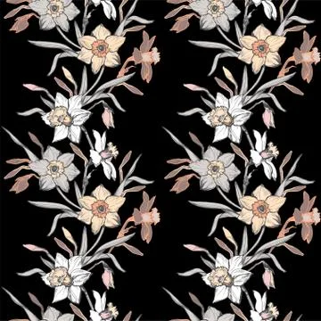 Floral seamless vertical border with hand drawn flowers daffodils Stock Illustration