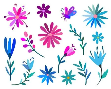 Floral set cute botanical elements on a white background. Illustrazione stock