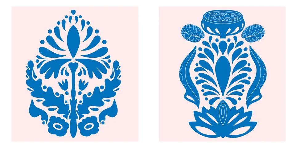 Floral set. Folk-style pattern, symmetrical, detailed, vector element. Rustic 库存插图