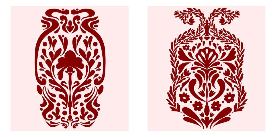 Floral set. Folk-style pattern, symmetrical, detailed, vector element. Rustic Stockillustratie