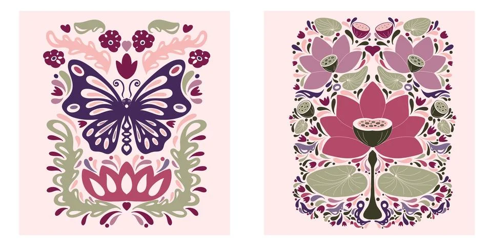 Floral set. Folk-style pattern, symmetrical, detailed, vector element. Rustic Stockillustratie