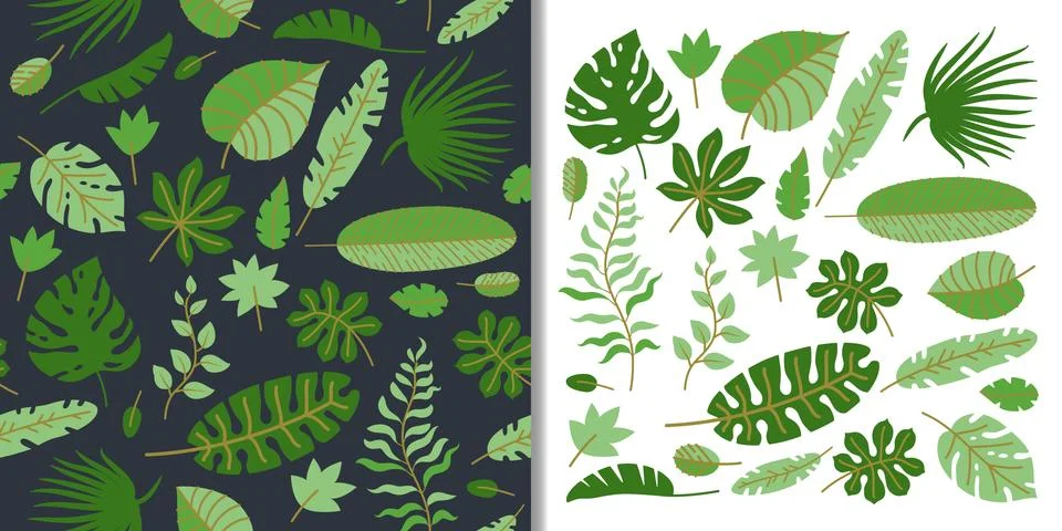 Floral set with seamless pattern and cute tropic palm leaves elements, vector Illustrazione stock