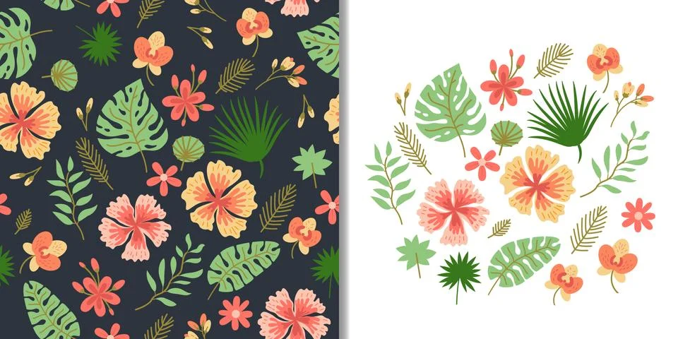 Floral set with seamless pattern and cute tropic flower elements, vector design 스톡 일러스트
