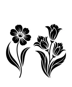 Floral Silhouette Vector Set with Blooming Flowers and Botanical Leaves 库存插图