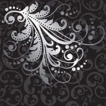 Floral silver design element on black swirls pattern Stock Illustration