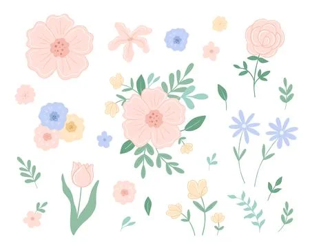 Floral spring collection featuring tulip bouquets, wild daisies, and meadow f Illustrazione stock