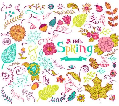 Floral spring design elements in doodle style 스톡 일러스트