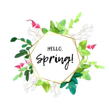 Floral spring design with white may flowers, green leaves, eucaliptus and Stock Illustration