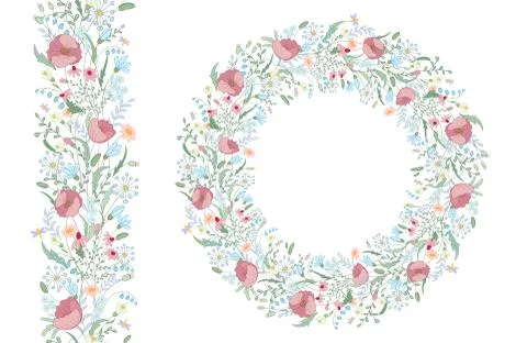Floral spring elements with cute bunches of poppy and wild spring flowers Stock Illustration
