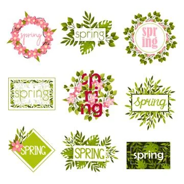 Floral Spring Graphic Rectangular and Circular Frames and Borders with Green Stock Illustration