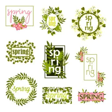 Floral Spring Graphic Rectangular and Circular Frames and Borders with Green Stock Illustration
