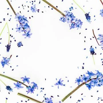 Floral spring pattern with blue flowers and pink hyacinth flower on white bac Stock Photos