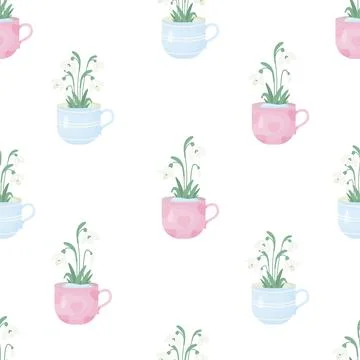 Floral spring seamless pattern. Snowdrop flowers in cup on white background Stock Illustration