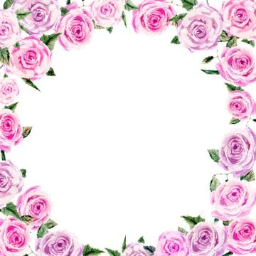 Floral square frame design template. Pink bunch roses with leaves. Hand painted Stock Illustration