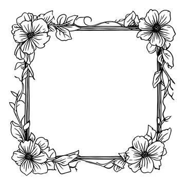 Floral square frame outline vector with decorative flowers and leaves elega.. Stock Illustration