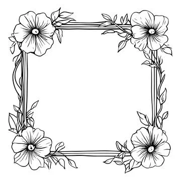 Floral square frame outline vector with decorative flowers and leaves elega.. Stock Illustration