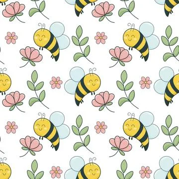 Floral summer seamless pattern with bees 库存插图