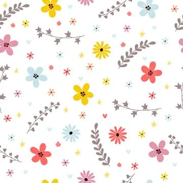 Floral summer seamless pattern with leaves, branches and flowers. Spring fl.. Stock Illustration
