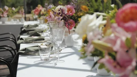Floral Table Setting Designed for a Beautiful Outdoor Event Celebration Stock Footage 307918675