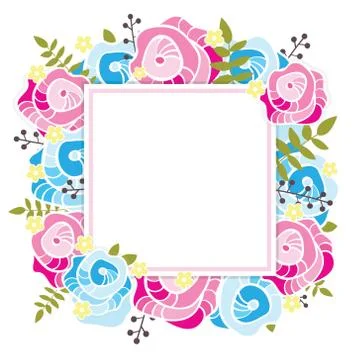 Floral template. Square frame with abstract pink and blue roses. Stock Illustration