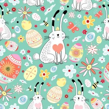 Floral texture Easter bunnies and chicks イラスト素材