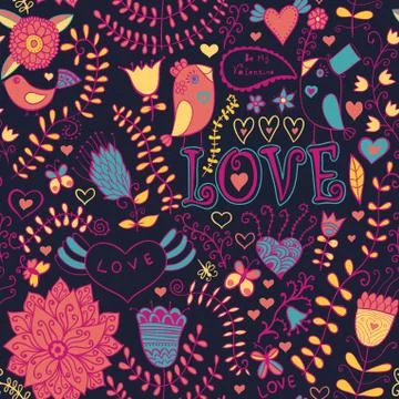 Floral texture. "love" pattern with couple birds in love. copy square to the  Stock Illustration