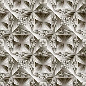 Floral textured 3d vector seamless pattern. Monochrome ornate surface background Illustrazione stock