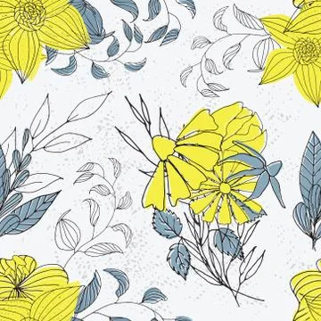 Floral textured seamless pattern. Hand drawn vintage flowers and leaves. Stock Illustration