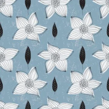 Floral textured seamless pattern. Hand drawn vintage flowers and leaves. Stock Illustration