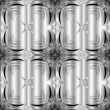 Floral textured silver 3d vector seamless pattern. Ornamental surface black and Ilustración de archivo