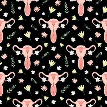 Floral Uterus Seamless Pattern on Black BG  Women’s Health Art Stock Illustration