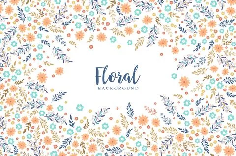 Floral vector background with small hand drawn colorful flowers, leaves and b Stock Illustration