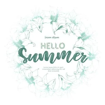 Floral vector card with round frame from hand drawn lilies and lettering Hell Stock Illustration