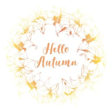 Floral vector card with round frame from hand drawn lilies and lettering Hell Stock Illustration