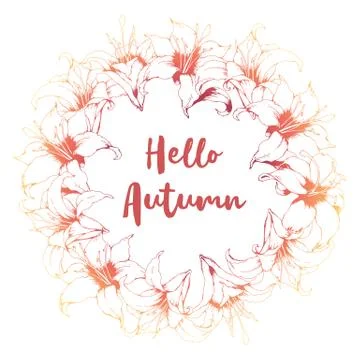 Floral vector card with round frame from hand drawn lilies and lettering Hell Stock Illustration