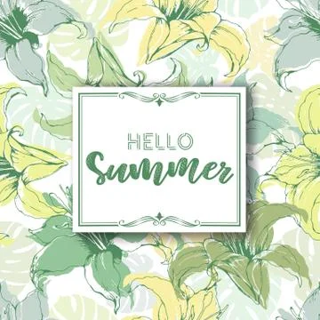 Floral vector card with seamless pattern from hand drawn lilies and lettering Stock Illustration