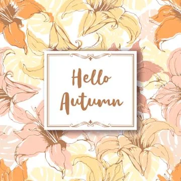 Floral vector card with seamless pattern from hand drawn lilies and lettering Illustrazione stock