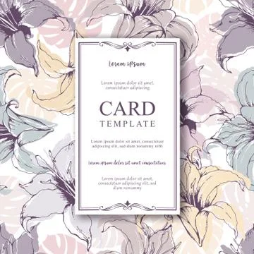 Floral vector card with seamless pattern from hand drawn lilies and leaves is Stock Illustration