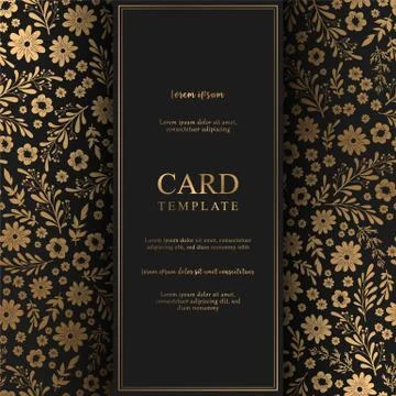 Floral vector card with small hand drawn gold flowers, leaves and floral elem Stock Illustration