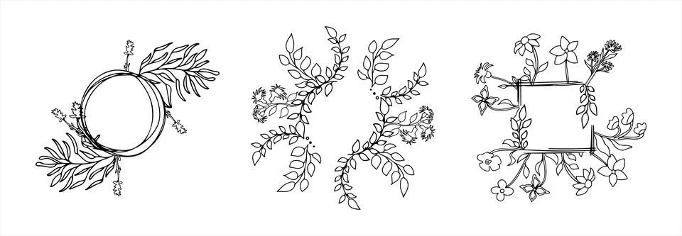 Floral vector doodle design frames. Hand drawn decorative leaves and wreaths Illustrazione stock
