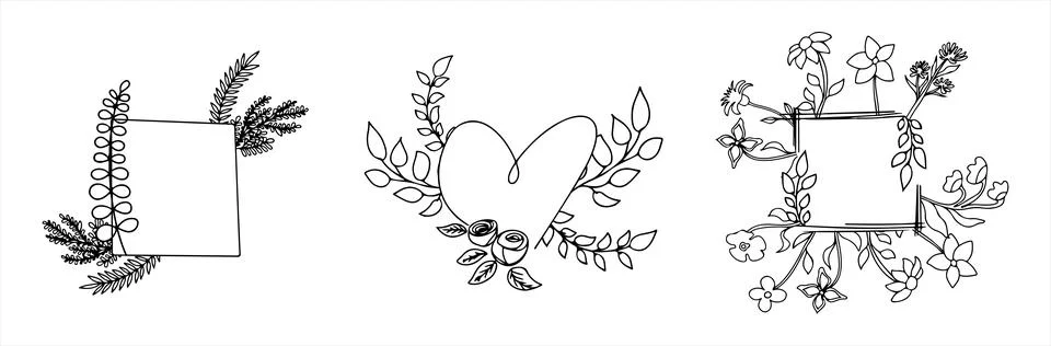 Floral vector doodle design frames. Hand drawn decorative leaves and wreaths Stock Illustration