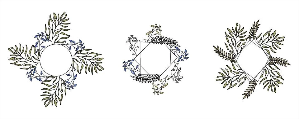 Floral vector doodle design frames. Hand drawn decorative leaves and wreaths Illustrazione stock