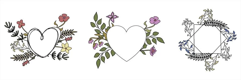 Floral vector doodle design frames. Hand drawn decorative leaves and wreaths Stock Illustration