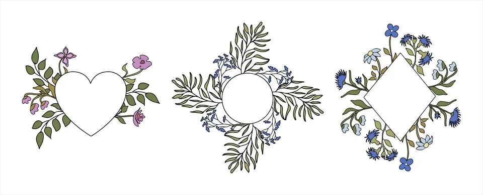 Floral vector doodle design frames. Hand drawn decorative leaves and wreaths イラスト素材