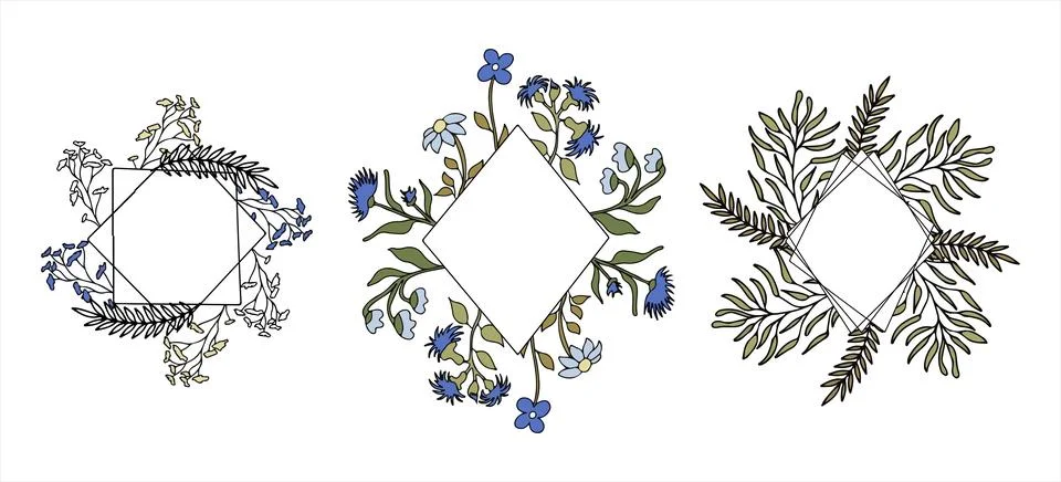 Floral vector doodle design frames. Hand drawn decorative leaves and wreaths イラスト素材