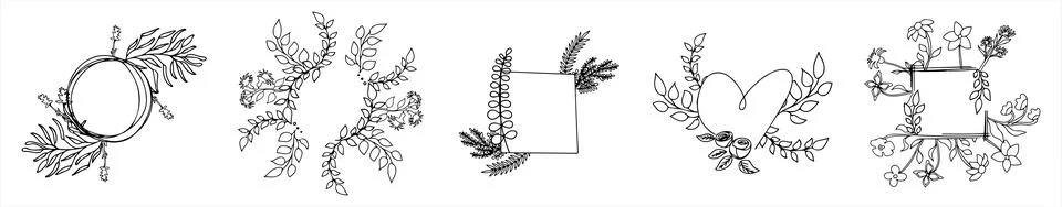 Floral vector doodle design frames. Hand drawn decorative leaves and wreaths Stock Illustration
