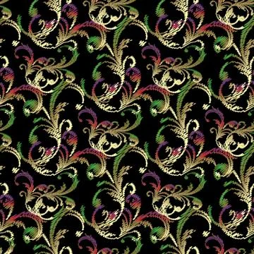 Floral vector embroidery seamless pattern in Baroque style. Black ornate back Stock Illustration